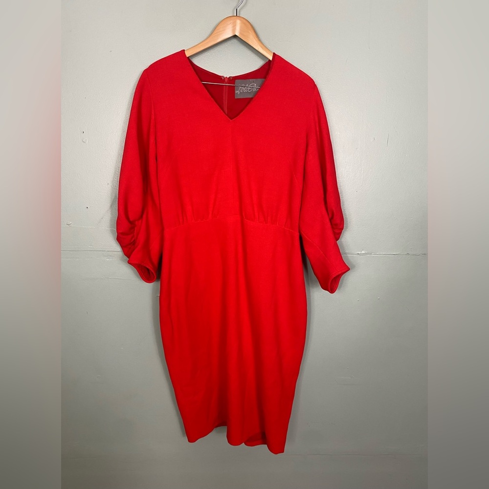 Lela Rose Fitted Red Wool Blend Crepe Midi Dress Long Sleeve Size 12